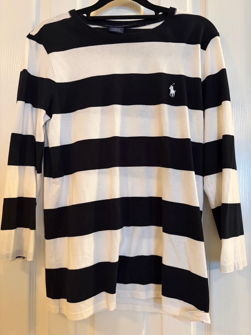 Ralph Lauren Sport Women’s L Black Cream Striped Cotton Long Sleeve Top Pony
